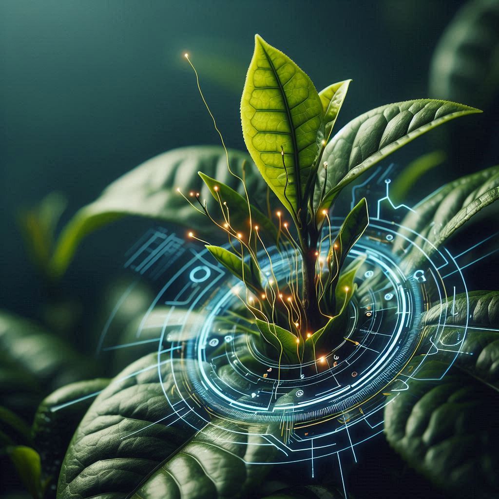 TEAORB - Close-up of a tea plant reacting to light and touch, with subtle visual representations of electrical signals running through its leaves.